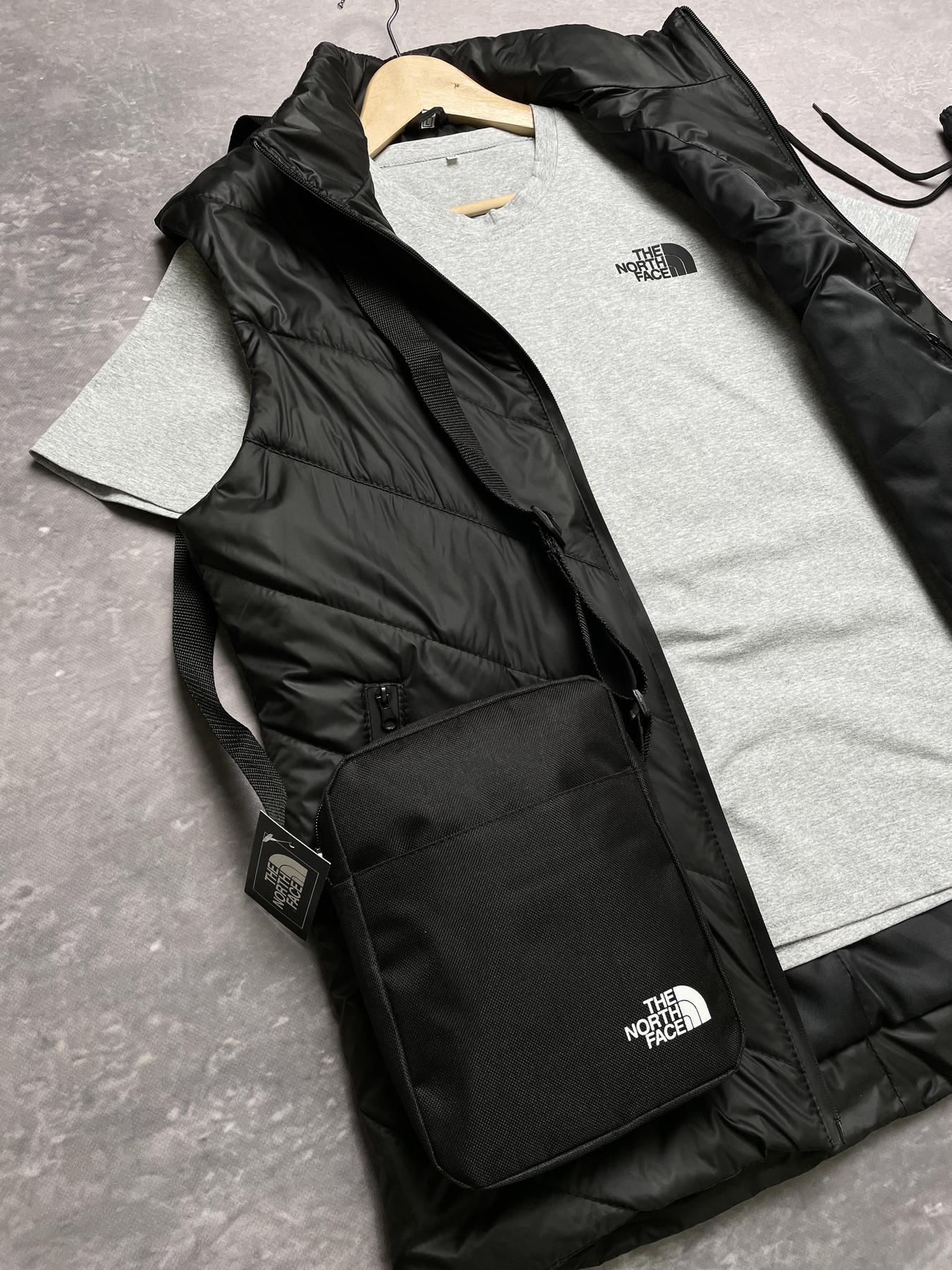 Комплект TNF 'Clip' жилетка чорна + сіра футболка та штани president + барсетка у подарунок
