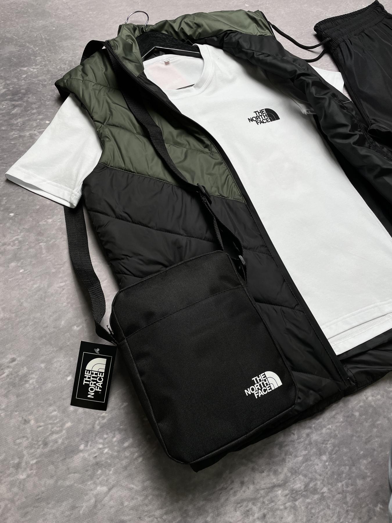 Комплект TNF 'Clip' жилетка хакі-чорна+ біла футболка та штани president + барсетка у подарунок