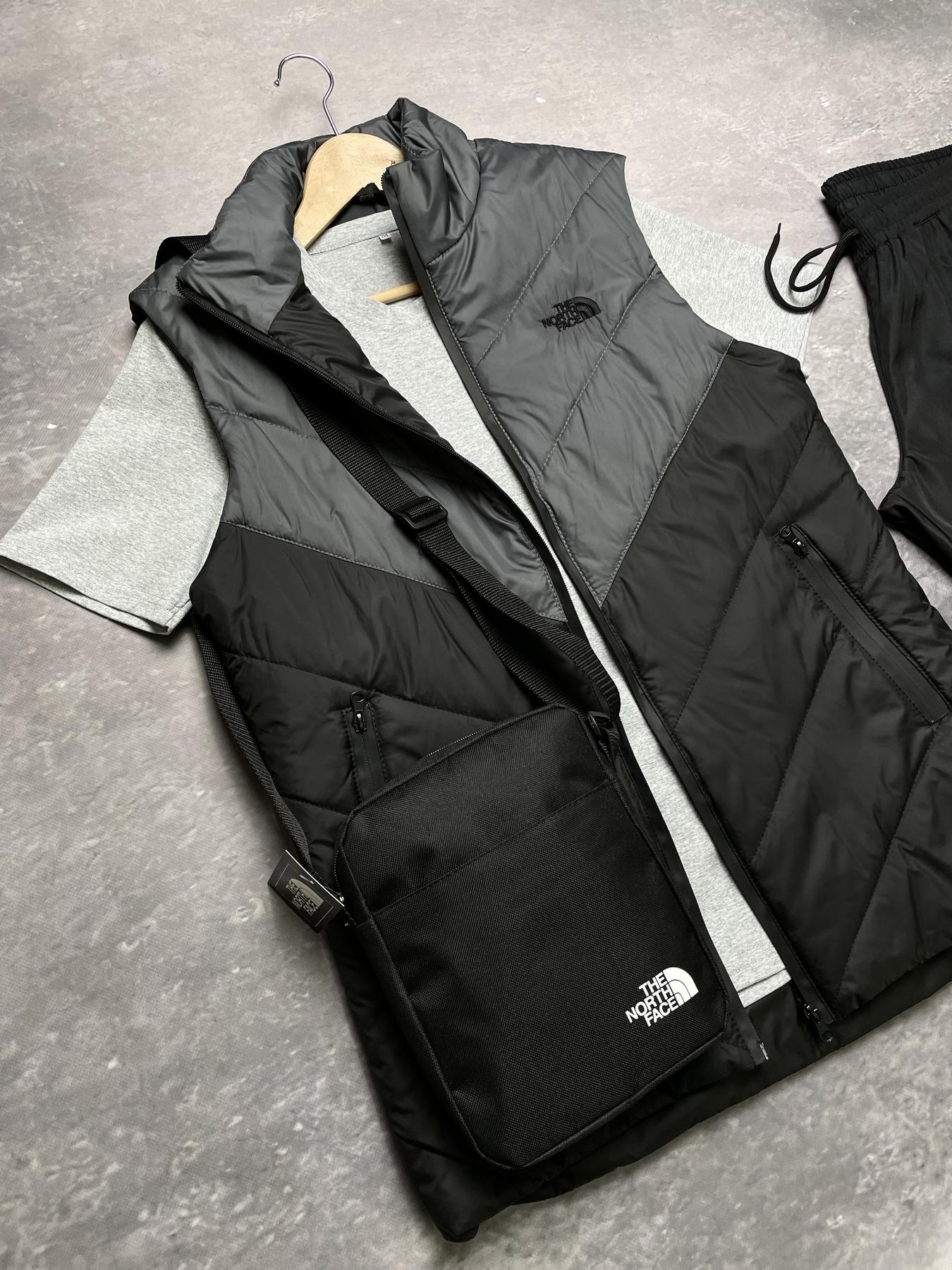 Комплект TNF 'Clip' жилетка сіро-чорна + сіра футболка та штани president + барсетка у подарунок