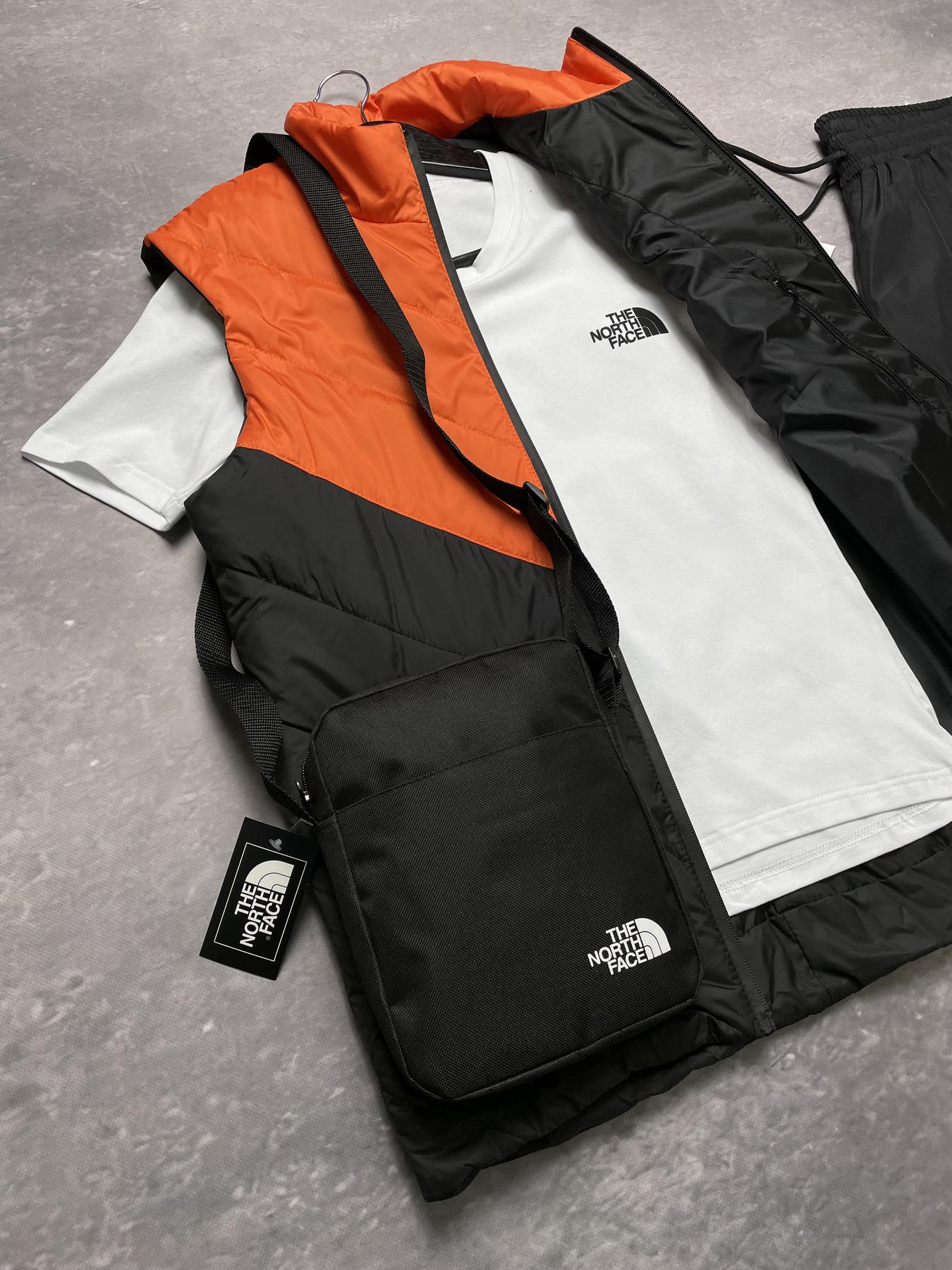 Комплект TNF 'Clip' жилетка помаранчево-чорна + біла футболка та штани president + барсетка у подарунок