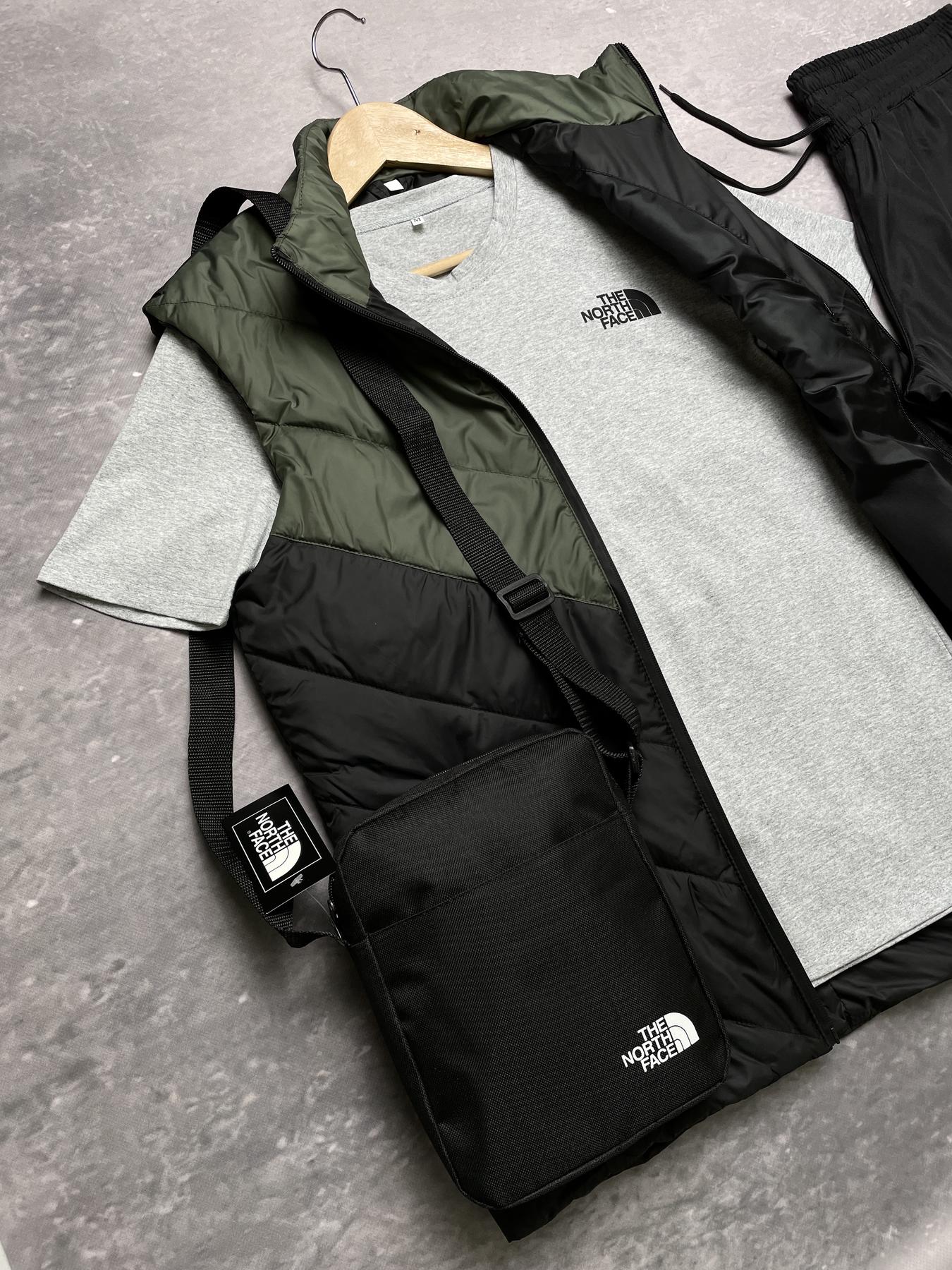 Комплект TNF 'Clip' жилетка хакі-чорна+ сіра футболка та штани president + барсетка у подарунок