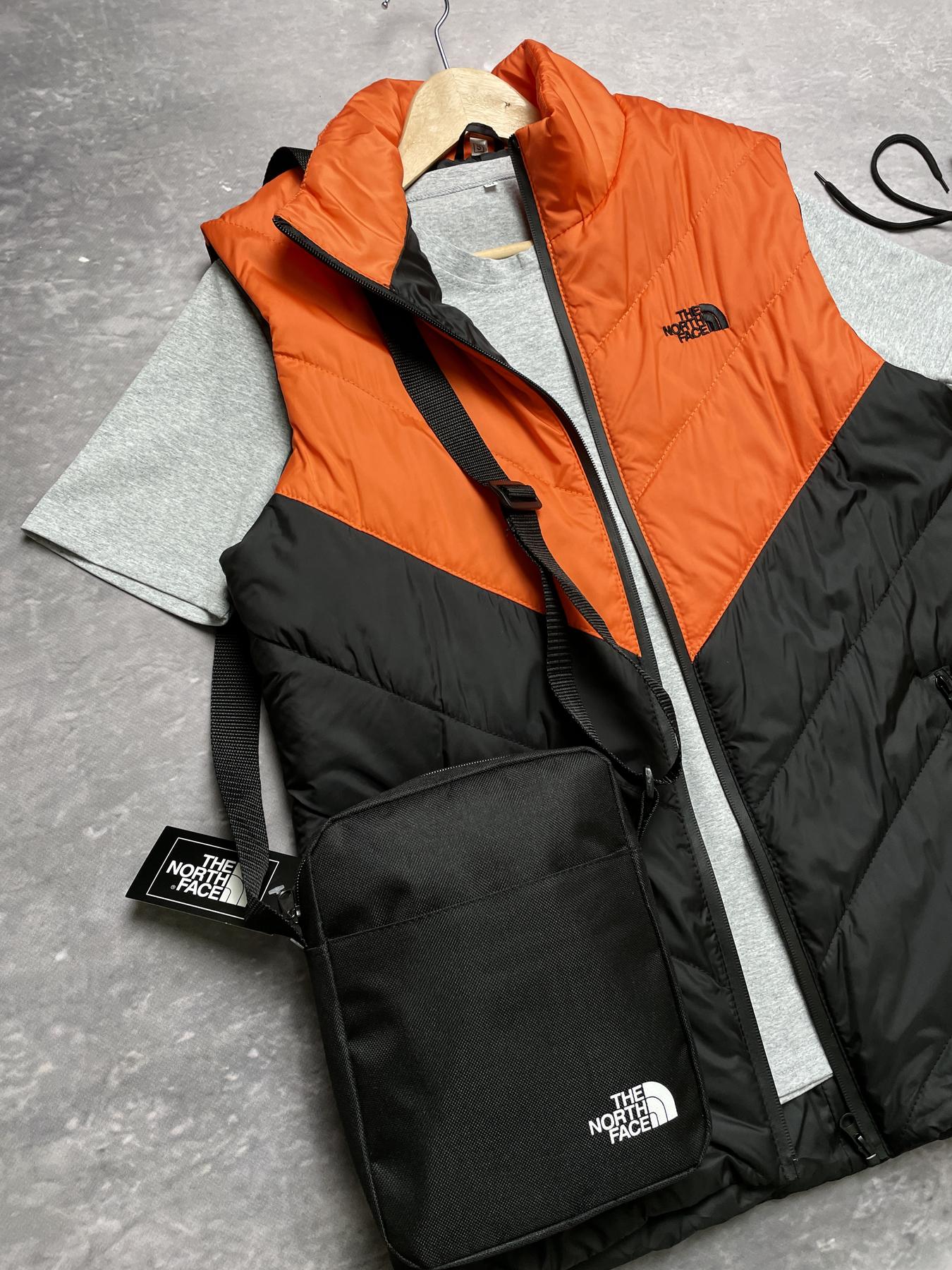Комплект TNF 'Clip' жилетка помаранчево-чорна + сіра футболка та штани president + барсетка у подарунок