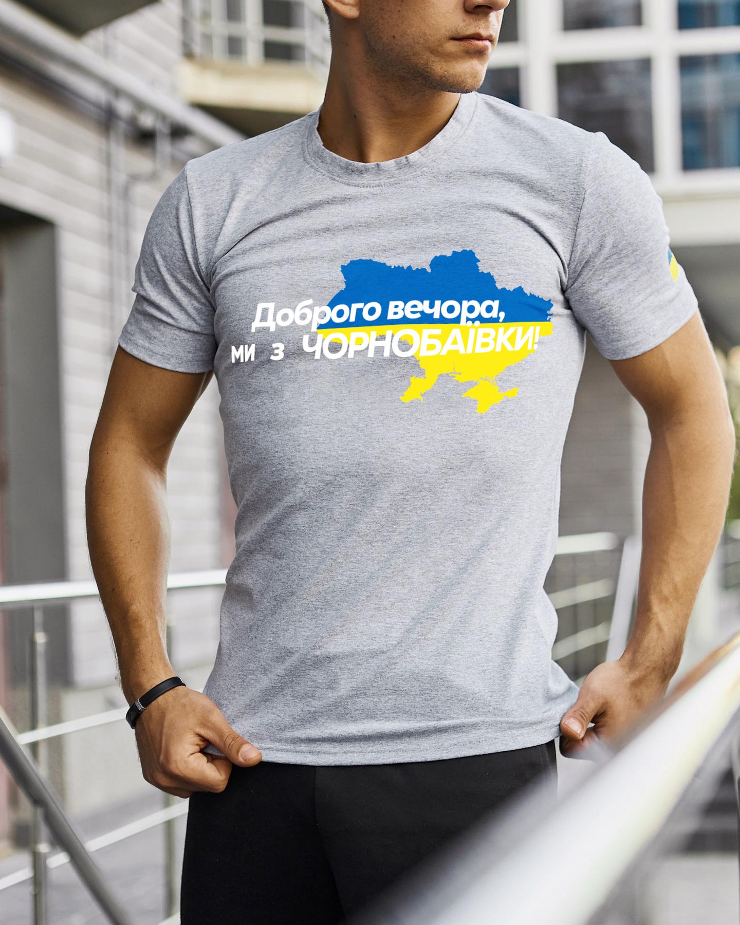 Футболка Сіра з принтом Доброго Вечора ми з Чорнобаївки