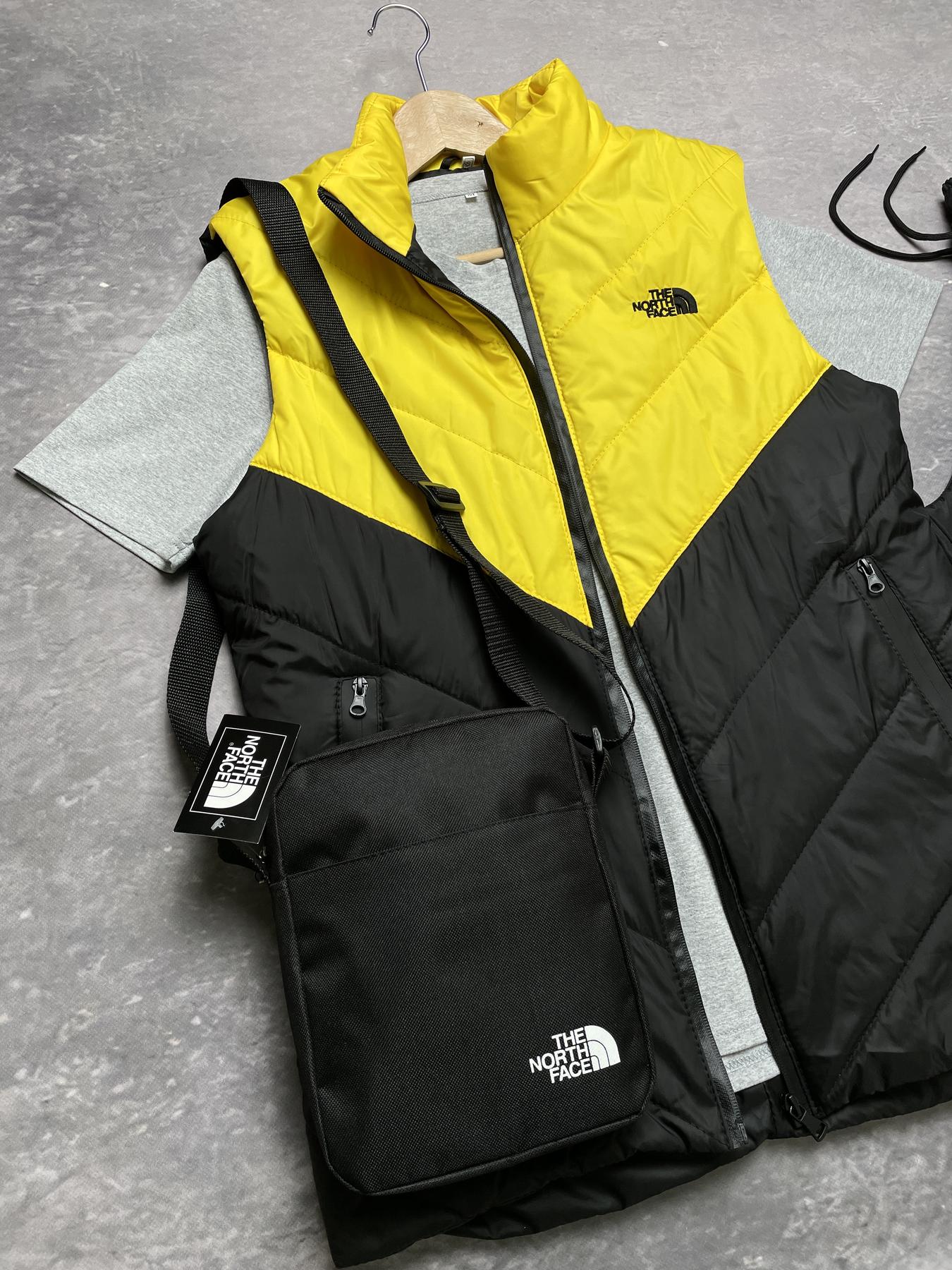 Комплект TNF 'Clip' жилетка жовто-чорна + сіра футболка та штани president + барсетка у подарунок